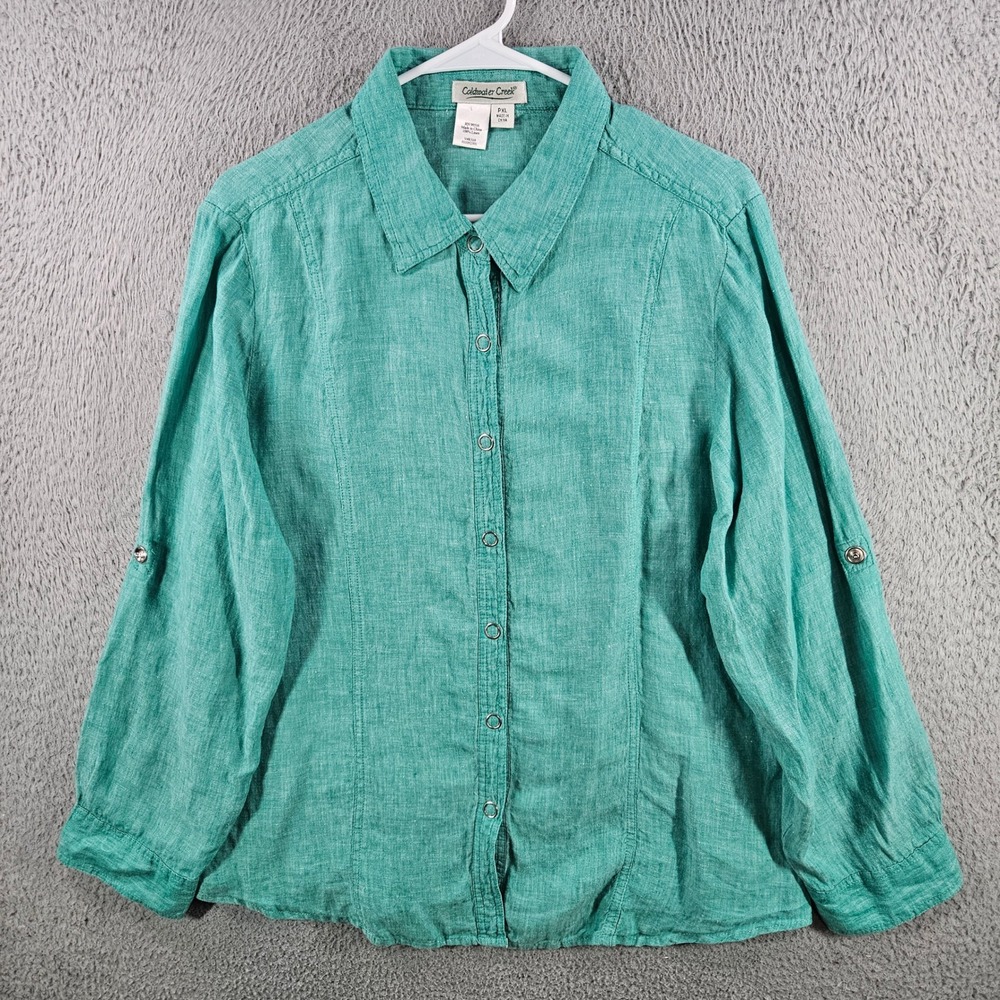 Coldwater Creek Womens PXL Teal Green 100% Linen Roll Tab Snap Button Up Shirt